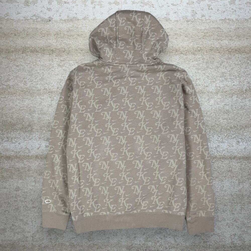 Vintage Y2K Nike Hoodie Mens L Light Brown All Over Print Swoosh Cotton Pullover - Picture 2 of 4